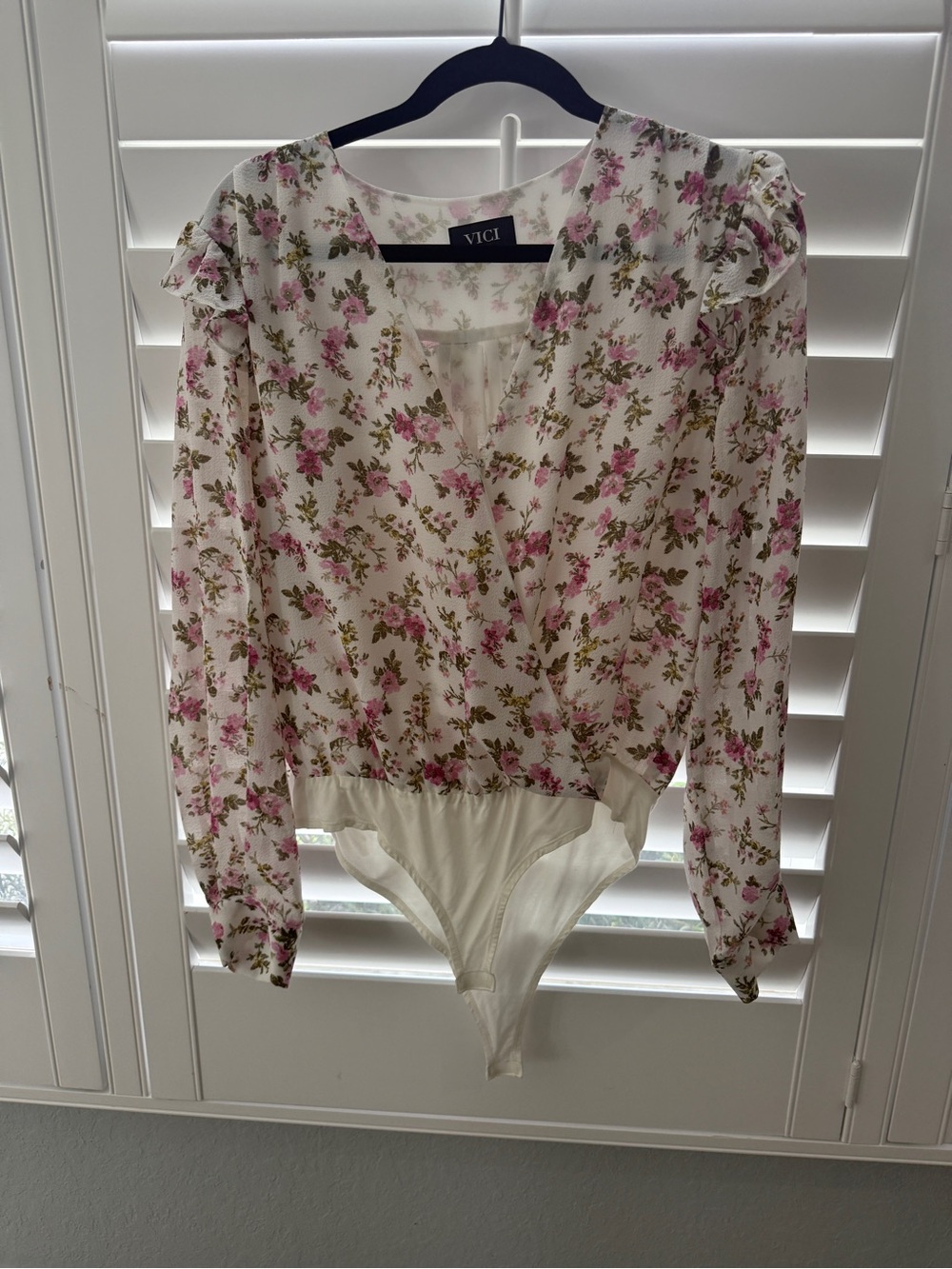VICI Cream Floral Long-Sleeve Wrap Bodysuit with Pink & Green Print